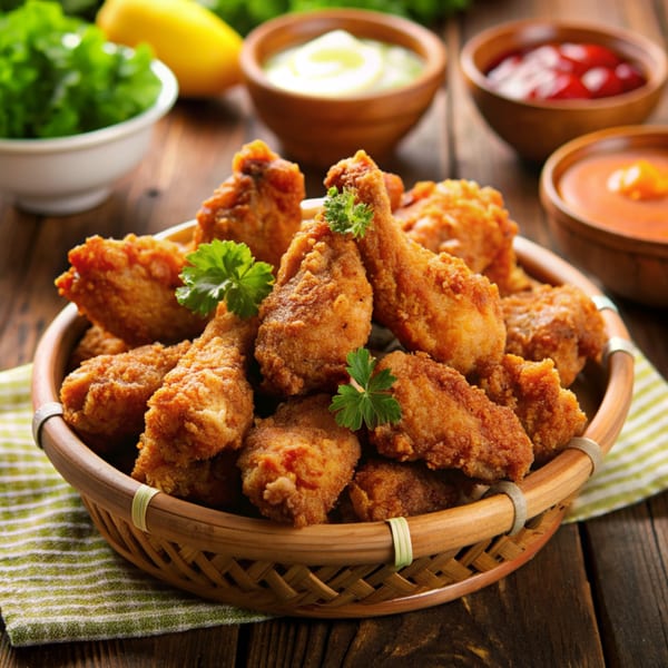A basket of crispy fried chicken wings with parsley garnish, surrounded by dipping sauces.