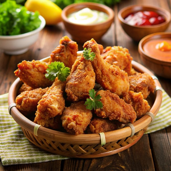 Crispy fried chicken pieces in a woven basket with various dipping sauces and fresh greens.
