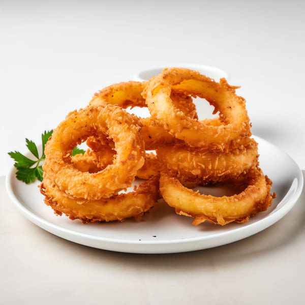 A white plate piled high with golden-brown, crispy onion rings and a sprig of parsley.